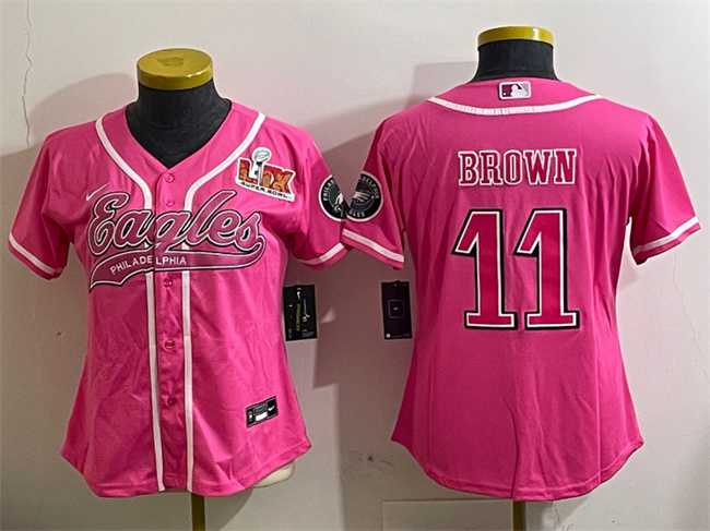 Women's Philadelphia Eagles #11 A.J. Brown Pink 2025 Super Bowl LIX Patch Cool Base Stitched Baseball Jersey,We sell and wholesale Women's Philadelphia Eagles #11 A.J. Brown Pink 2025 Super Bowl LIX Patch Cool Base Stitched Baseball Jersey on line form chian!